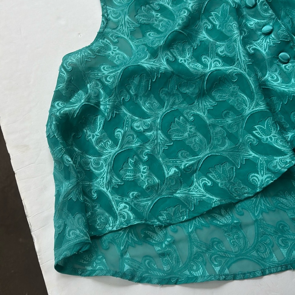 Vintage 90’s Collared Preppy Silky Teal Sleeveless Cropped Top Shirt Large Swing - Picture 4 of 17